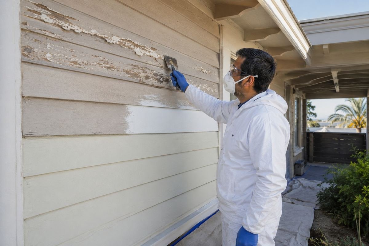 Painter scraping back and documenting surface prep before coating on a Pasadena, CA home