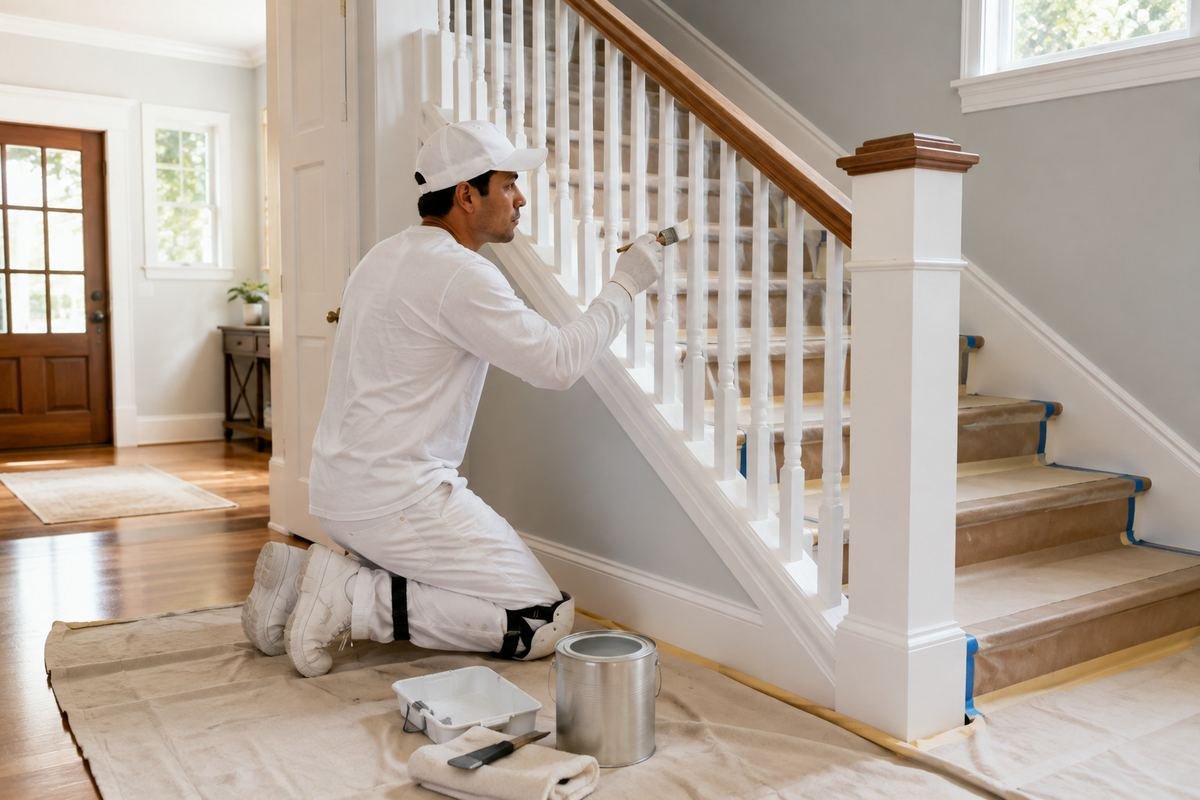 Stair tower and corridor being repainted at an occupied apartment complex in Pasadena, CA