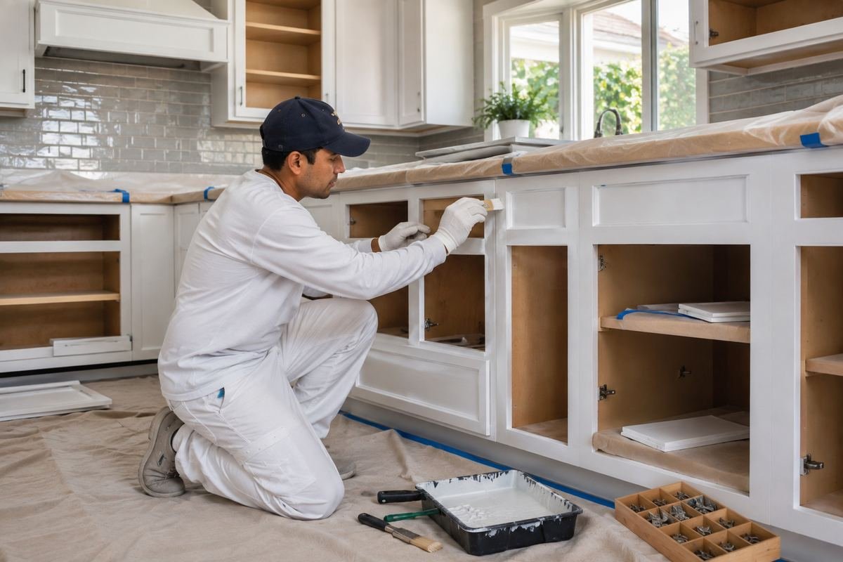 Cabinet doors racked and sprayed with waterborne alkyd enamel in Pasadena, CA