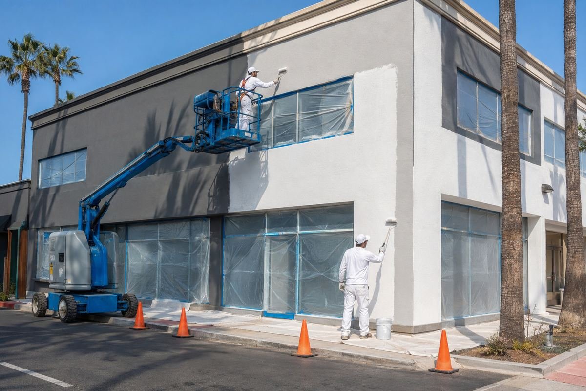 Tilt-up concrete elevation being coated on a commercial building in Pasadena, CA