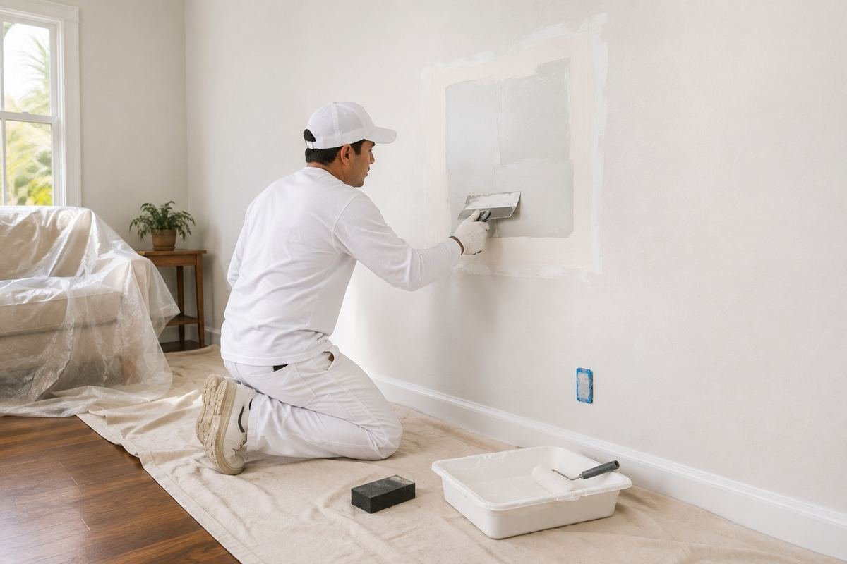 Drywall repair being feathered and sanded before painting in a San Gabriel, CA home