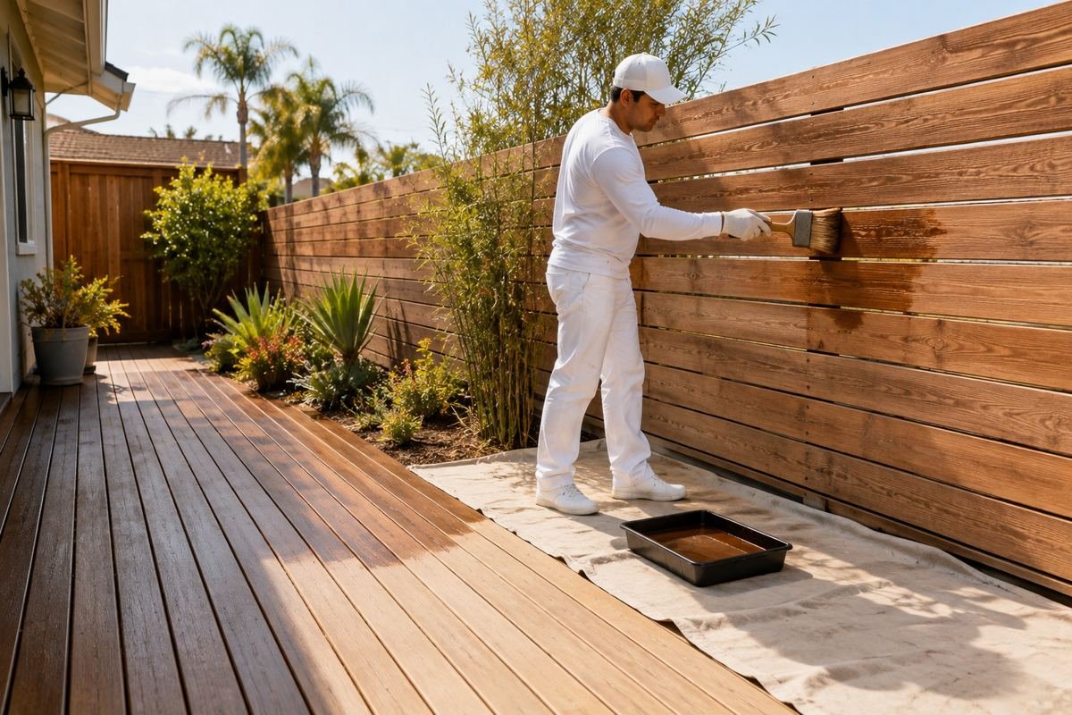 Wood fence panels being stained with a UV-resistant finish in Pasadena, CA