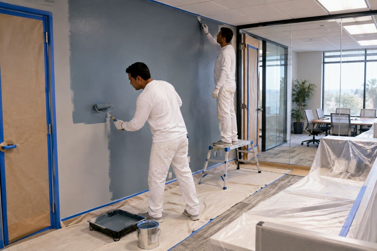 Small office building exterior being repainted in Alhambra, CA