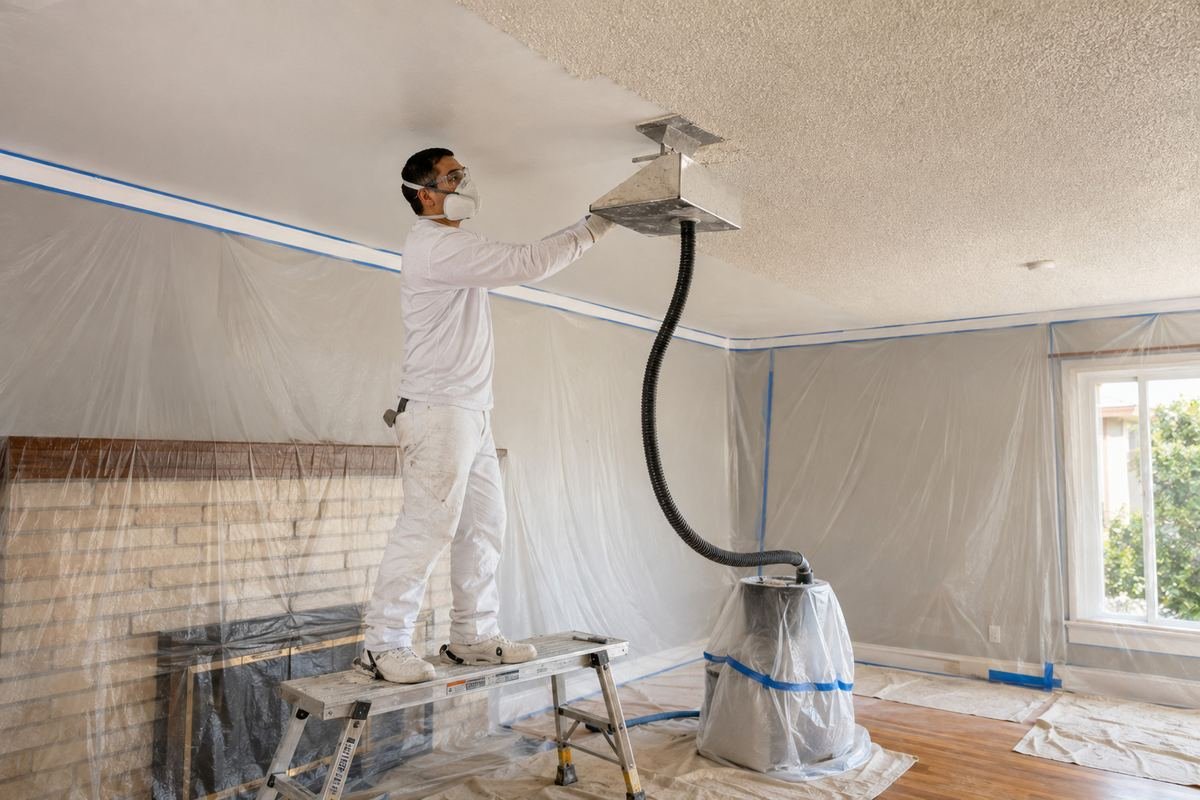 Popcorn ceiling texture being wet-scraped in a Pasadena, CA home