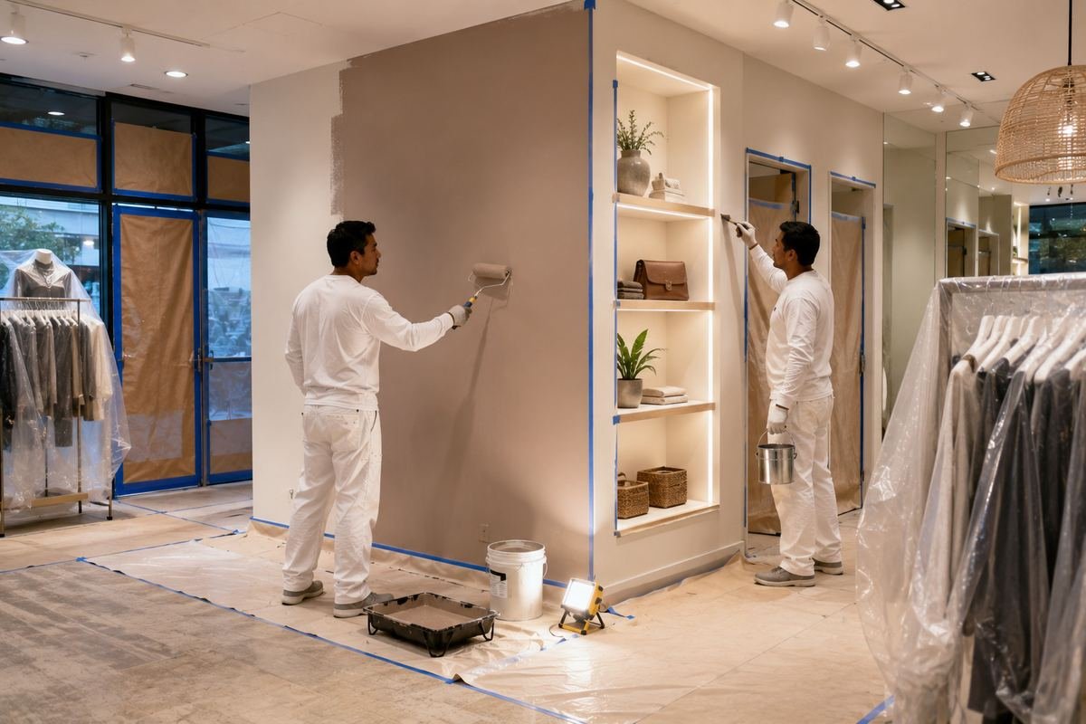Retail frontage being repainted along a commercial corridor in San Gabriel, CA