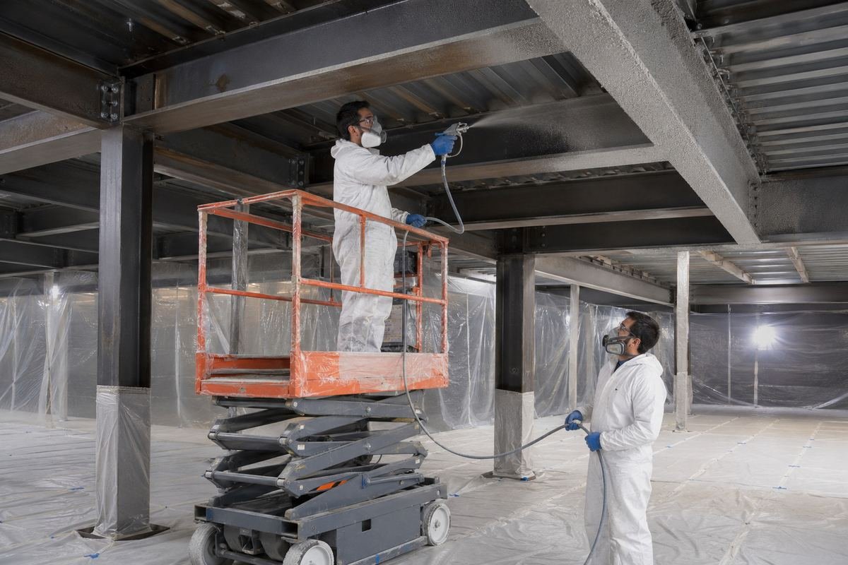 Structural steel members being primed and topcoated at an industrial site near Pasadena, CA