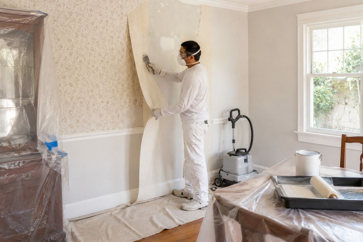 Adhesive residue being washed from a wall after wallpaper removal in Pasadena, CA