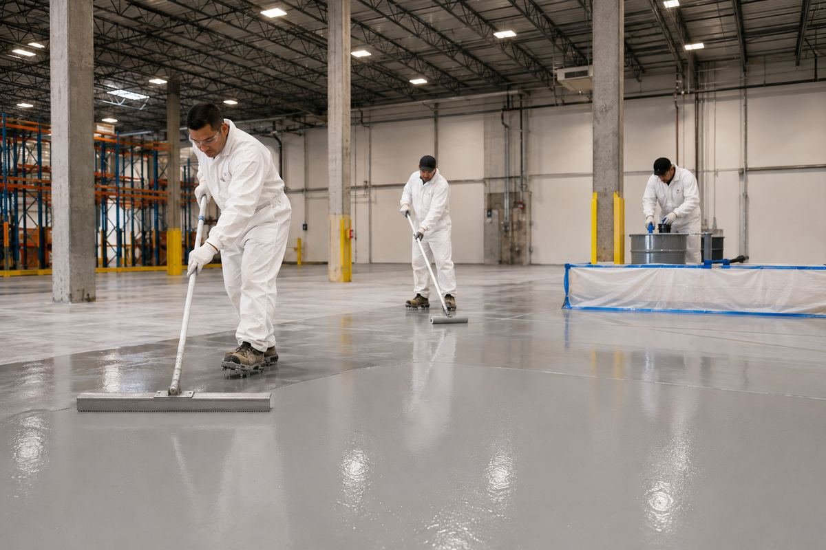 Resinous floor coating applied across a large concrete bay in Pasadena, CA